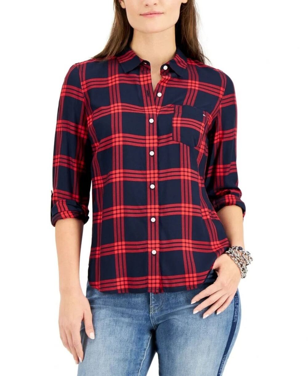 Tommy Hilfiger Heritage Roll-Tab Plaid Utility Shirt Red Navy Size Small NWT